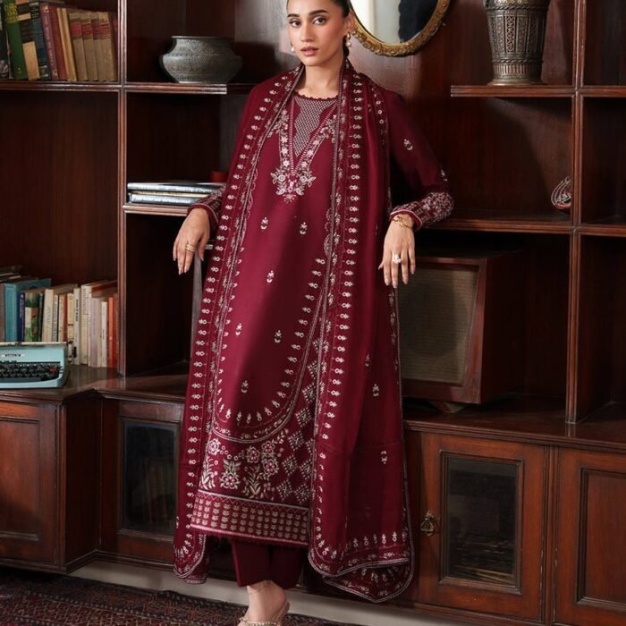 CR 2970 -3 Piece Unstitched Heavy Embroidered Dhanak Fabric With Dhanak Embroidered Shawl )