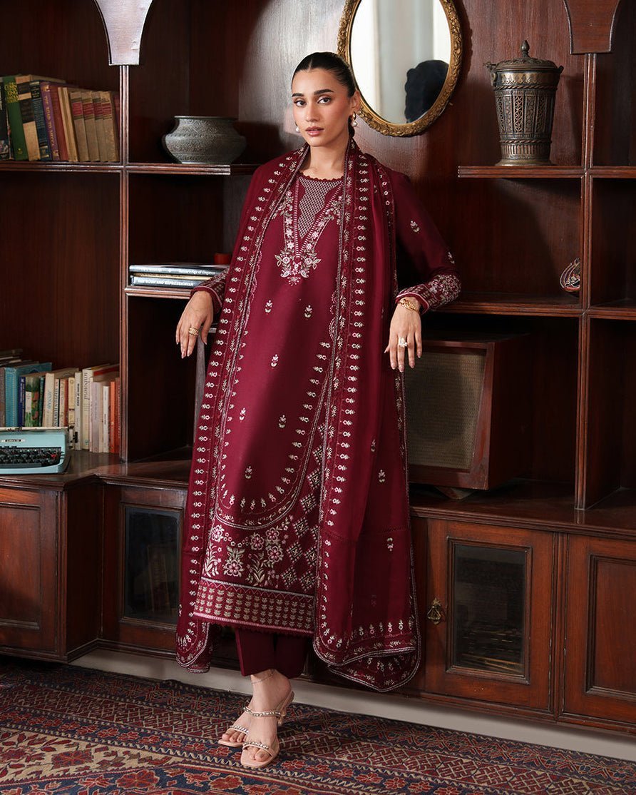 CR 2970 -3 Piece Unstitched Heavy Embroidered Dhanak Fabric With Dhanak Embroidered Shawl )