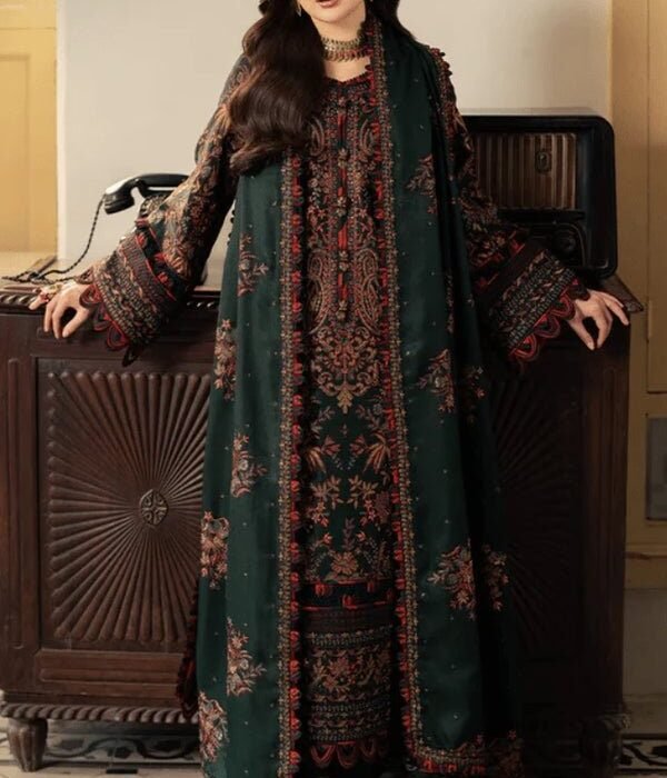 Dhanak Fabric - 3 Piece Unstitched Embroidered Suit With Embroidered Dhanak Shawl  AJ=2915