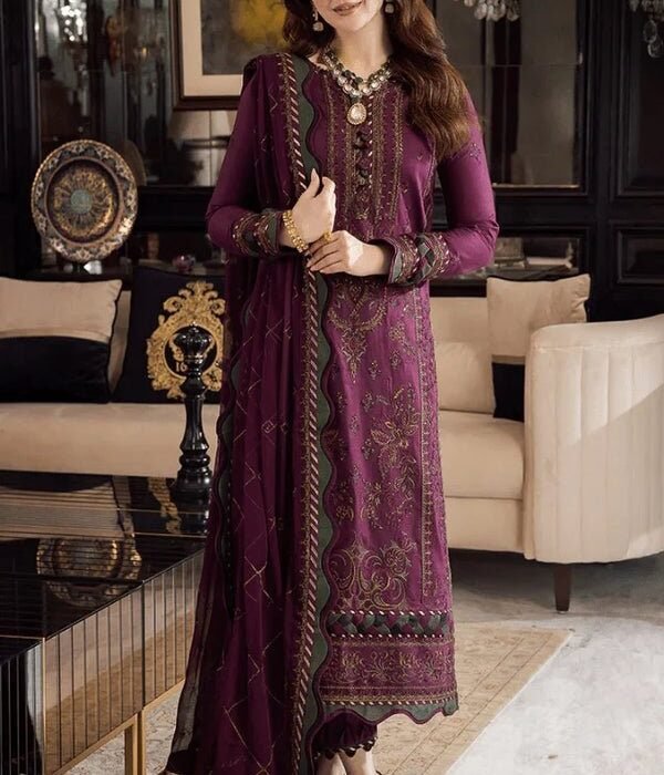 AJ 2885-3 Piece Unstitched Embroidered Dhanak Fabric With Embroidered Chiffon Dupatta